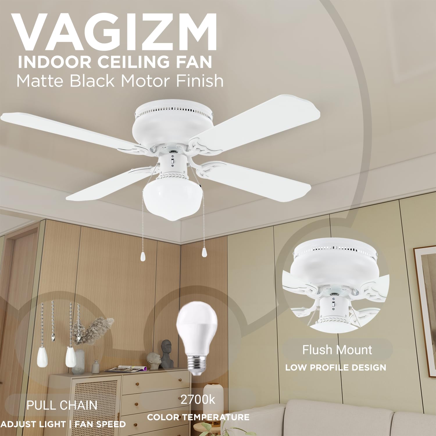 Ventilador de techo de montaje empotrado de 42 pulgadas, color blanco mate, ventilador de techo tradicional con luz y cadena de tracción, diseño de perfil bajo, uso en interiores o exteriores 7