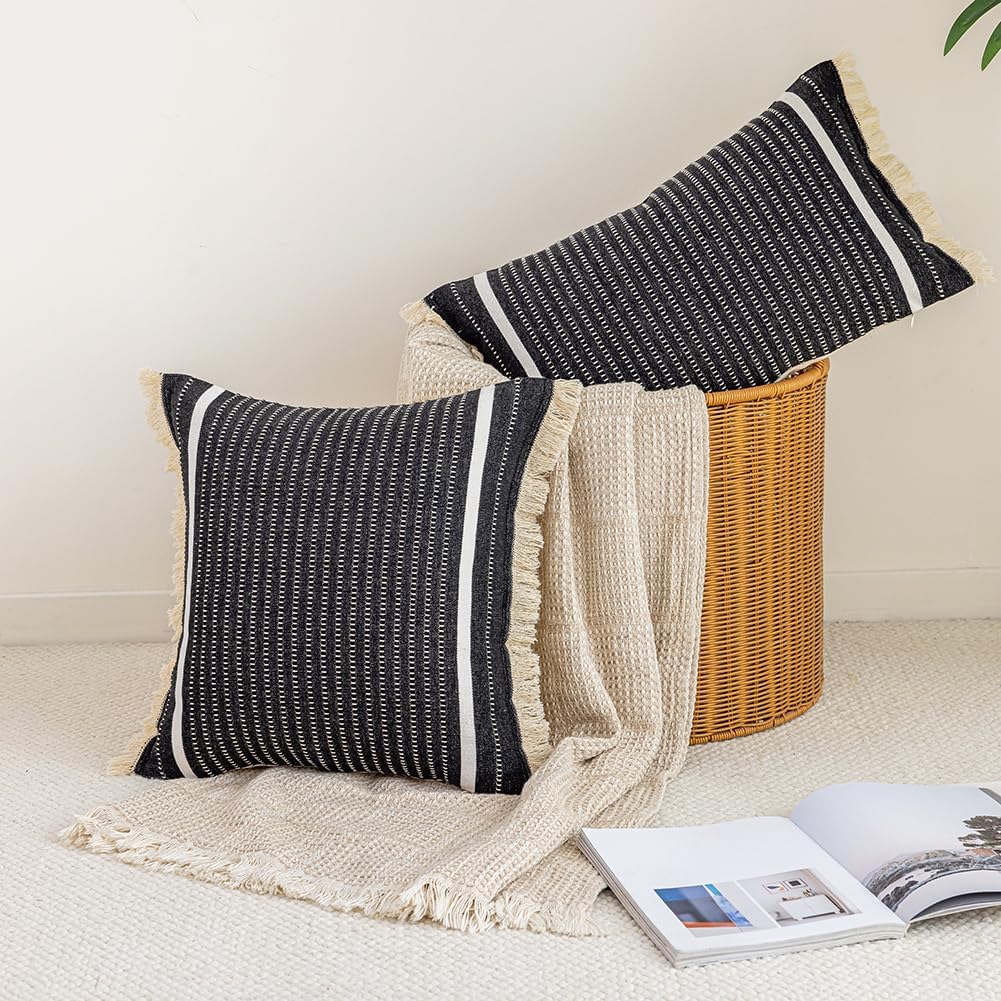 CARRIE HOME Farmhouse Black Boho Striped Pillow Covers 20x20 with Tassels 1 Pack, Black Decorative Accent Pillows for Couch Bed Decor, Boho Decorative 20 x 20 Textured Neutral Throw Pillow Covers - Image 5