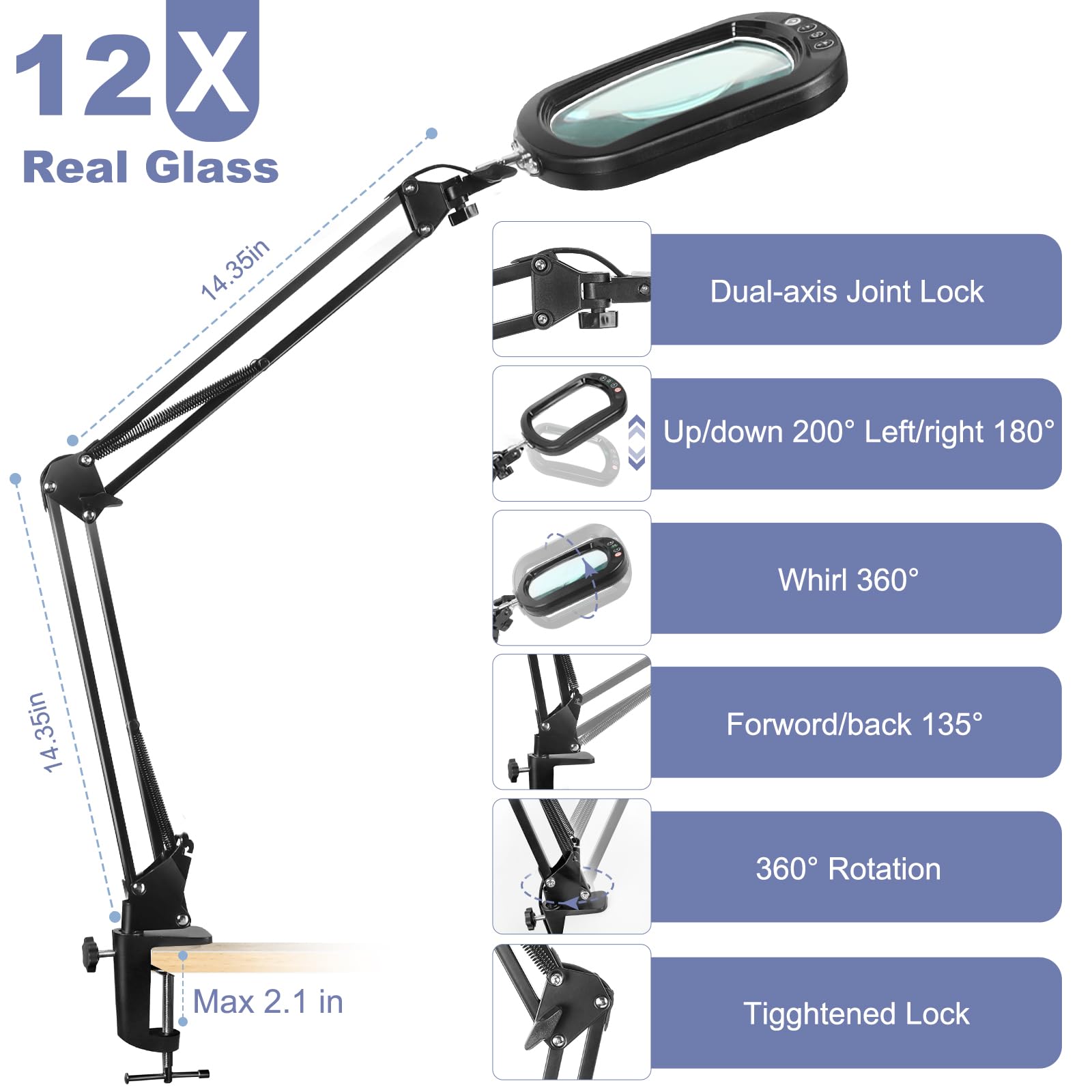 Lupa grande de 12 aumentos con luz y abrazadera, cristal real, 5 modos de color, regulable continuamente, lupa iluminada con soporte manos libres, lámpara LED de escritorio con brazo oscilante para