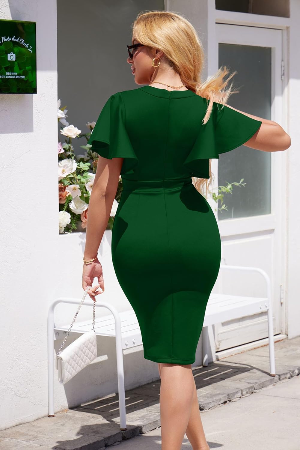 Memoriesea Women's Elegant Ruffle Sleeve Formal Party Cocktail Pencil Midi Dress - Image 4