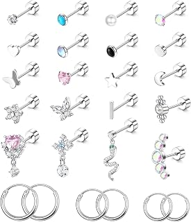 26Pcs Stainless Steel Stud Earrings for Women Men 20G Cartilage Stud Earrings CZ Moon Star Butterfly Heart Flat Back Stud Earrings Set Cartilage Helix Tragus Piercing Jewelry
