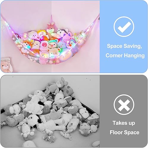Vista 72 de Basumee Red de animales de peluche o hamaca con luz LED, hamaca de red de juguetes para almacenamiento de animales de peluche, hamacas para Azul