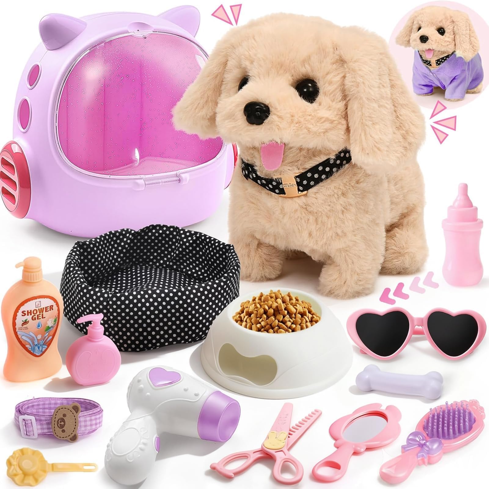 G.C Walking Dog Toys for Kids with Backpack & Clothes & Leash, Electronic Pet Interactive Plush Puppy Barking Wagging Tail Robot Dog Pretend Play Toys Gifts for Girls 3 4 5 6 7 Year Olds