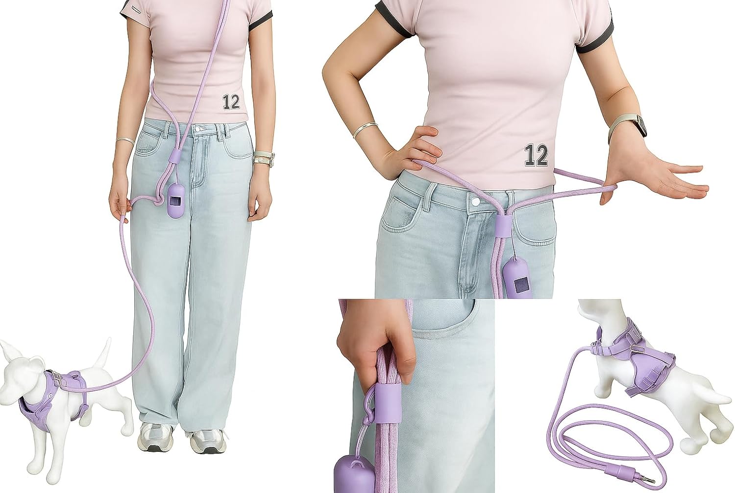 Cheech&Co Hands Free Dog Leash with Poop Bag Holder - for Walking, Hiking, Jogging & Running Small/Medium/Large Dogs (Adjustable 4.3–8.6 ft Light Purple)