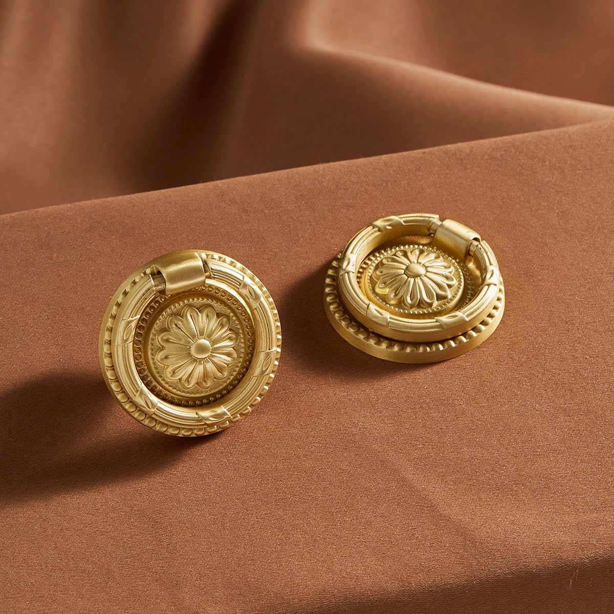 Brass Cabinet Rings Gold Knobs, Drawer Round European Handles Antique Gold Knobs for Home Kitchen, 8 Pack