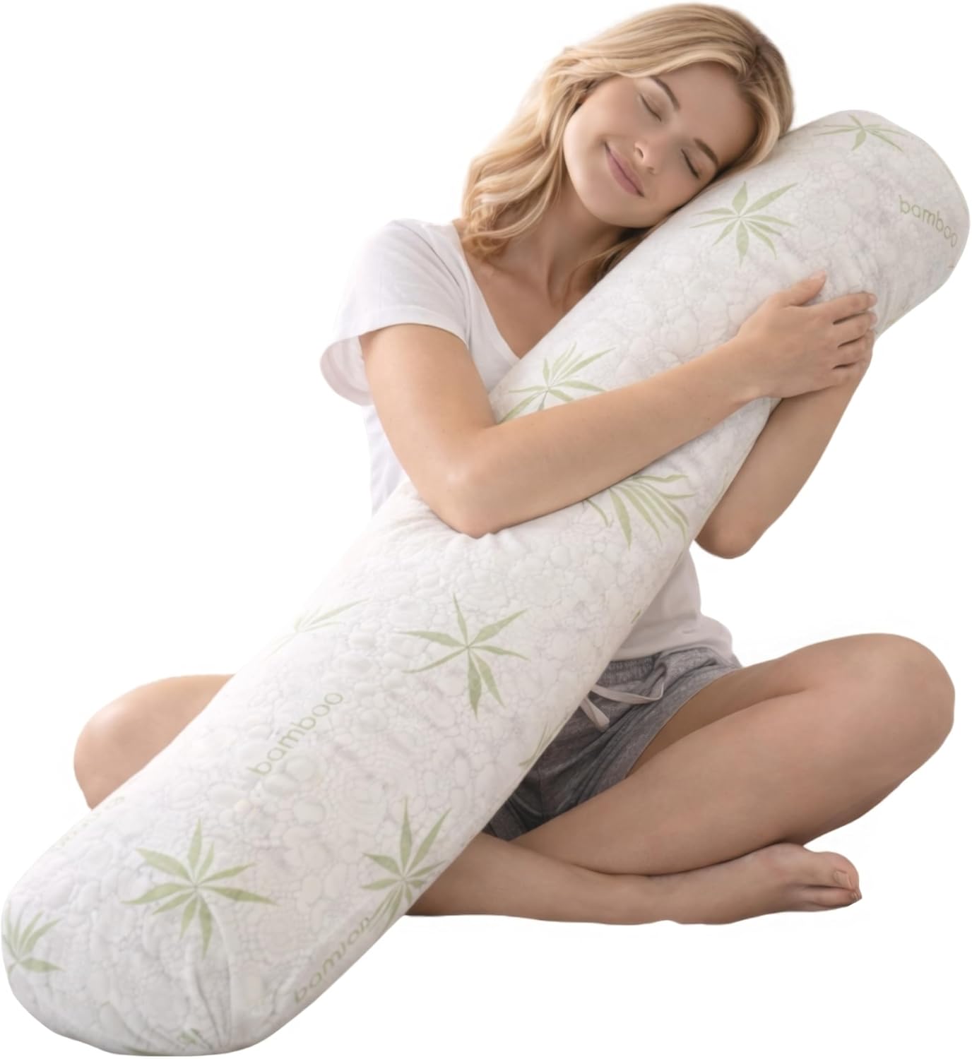 Sacred Thread Cylinder Shaped Long Pillow for Bed, Cooling Rayon Derived from Bamboo Body Pillow for Side Sleepers, Soft and Supportive Full Body Pillows for Adults (46.5”x8”) (White)