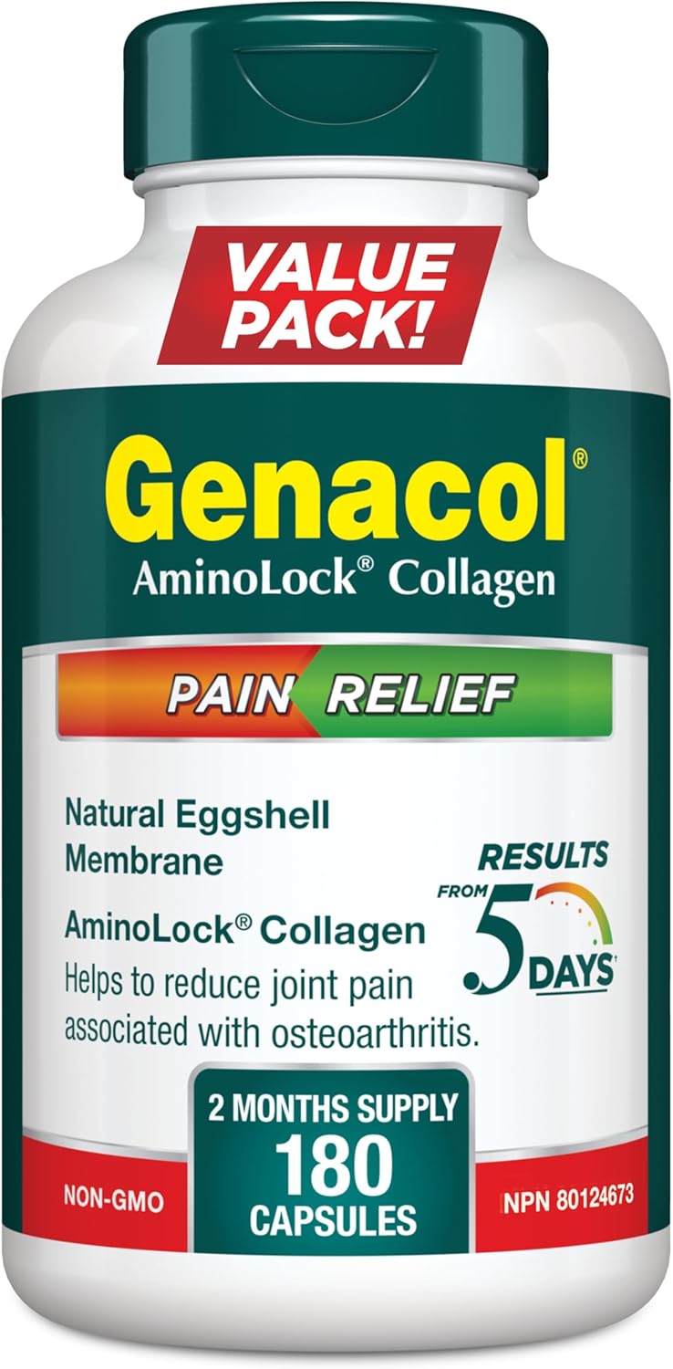 Genacol Pain Relief – Natural Eggshell Membrane and Ultra-Hydrolyzed Collagen Peptides, Joint Pain Relief Supplement, Results in Just 5 Days, Value Pack, 180 Capsules (60-Day Supply) Genacol Pain Relief – Natural Eggshell Membrane and Ultra-Hydrolyzed Collagen Peptides, Joint Pain Relief Supplement, Results in Just 5 Days, Value Pack, 180 Capsules (60-Day Supply)