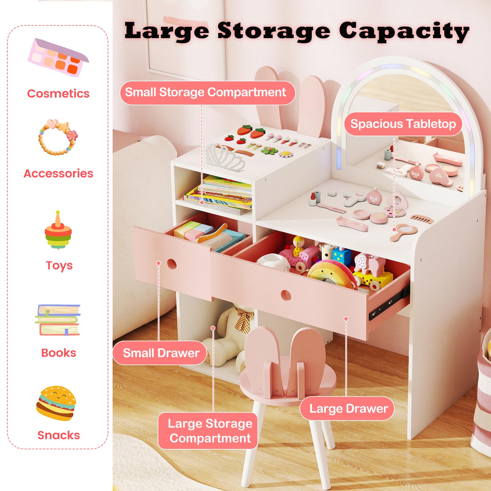 LIFEZEAL Specchiera Trucco per Bambina 3+Anni, con Luci, Sgabello, Sedia, Toeletta Tavolo, Forma di Coniglio, Postazione Make up, Vanity, Cassetti, Scomparti Aperti, Accessori, Cameretta (bianco)