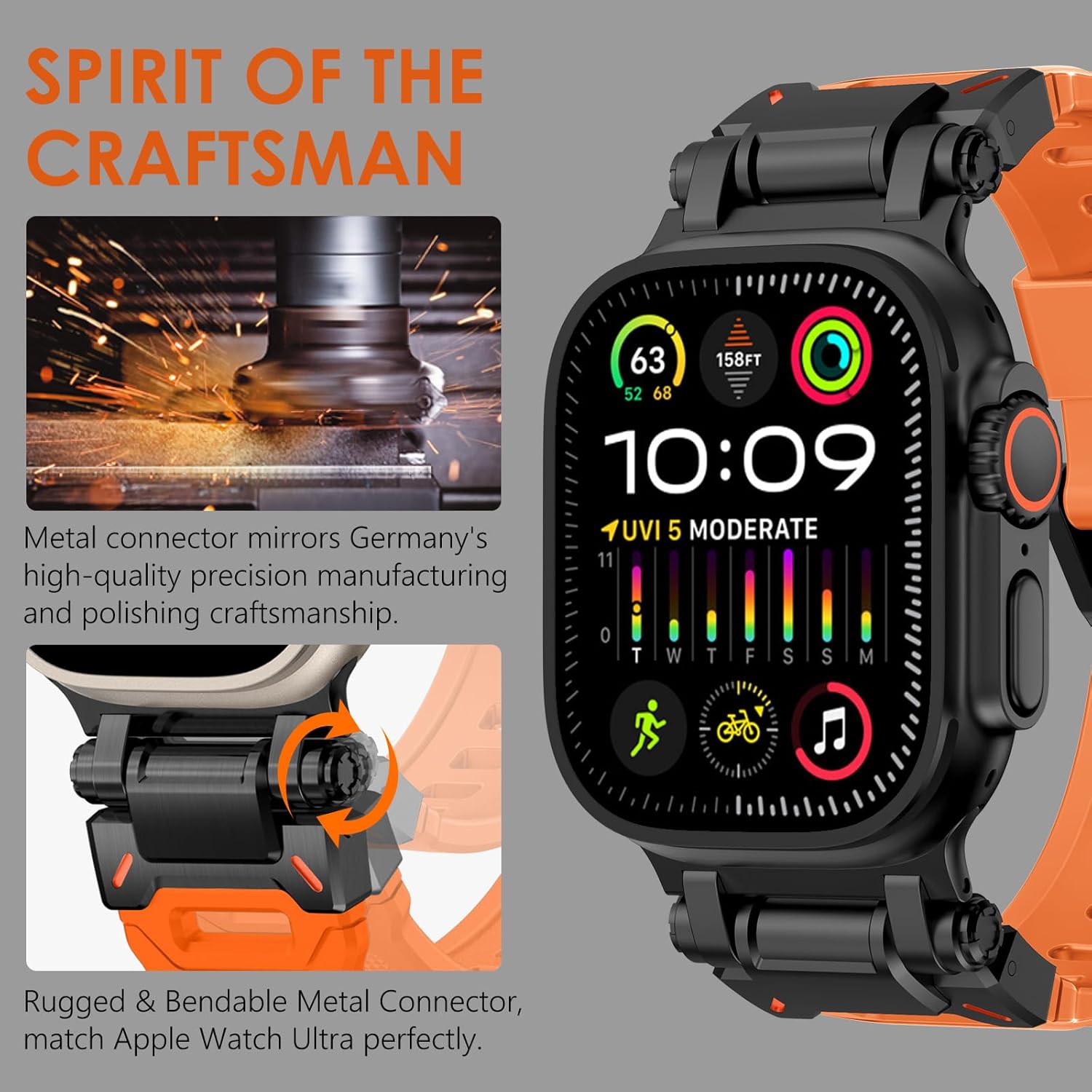 WINGLE FKM Rubber Bands for Apple Watch Band Ultra 3/2/1 Band Ultra 49mm Series 11 10 46mm 45mm 44mm 42mm SE 3/2/1 9 8 7 6 5 4 3 Men, Military Rugged Metal Connector Silicone iWatch Sport Bands,Orange - Image 3