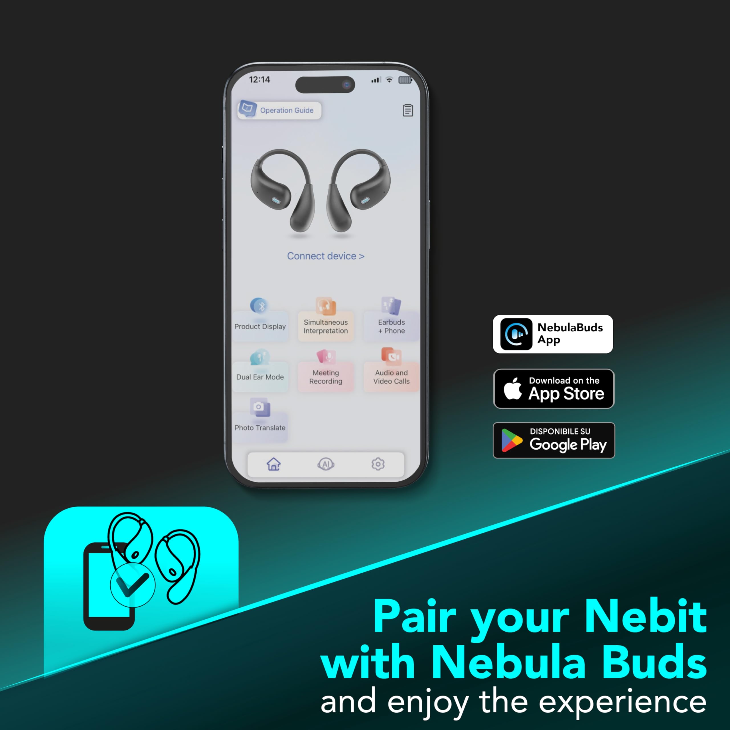 cellularline auricolari TWS NEBIT con assistente vocale, traduzione in tempo reale in oltre 100 lingue, trascrizione istantanea, riassunti IA, open-ear, display LED, nero