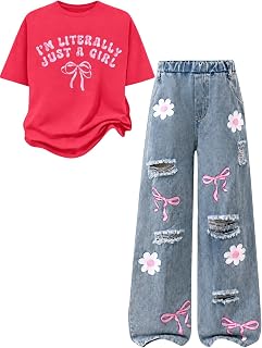Girls Summer Clothes Short Sleeve Top + Denim Straight Pants, Girls Spring and Fall Outfits, Size 7-16 Years