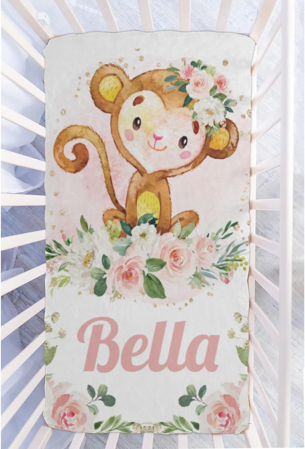 Personalized Baby Crib Sheets with Name, Custom Baby Sheets for Crib, Baby Bed Sheets for Girls Boys, Fitted Crib Sheets Soft Standard Size 52"x 28"x 8" Monkey