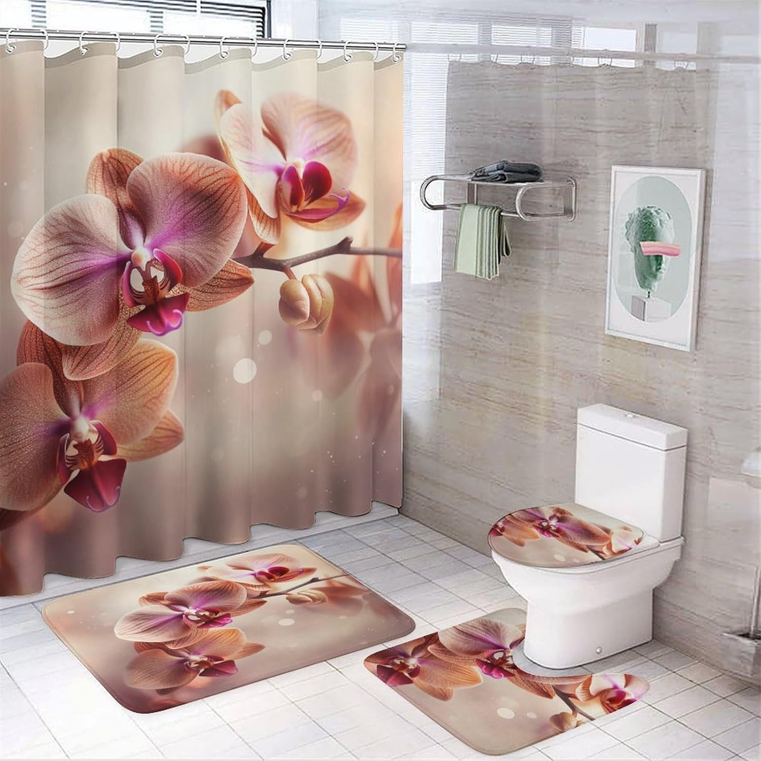 Four Piece Bathroom Set with Toilet Lid Cover and Non-Slip Rugs Minimalist Shower Curtain for Bathroom Set