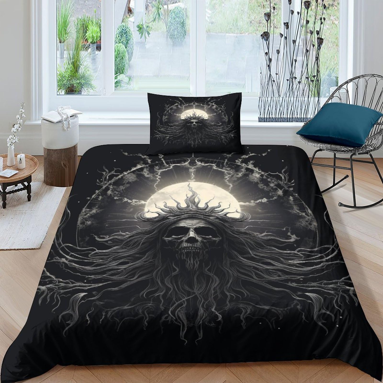Housse de couette crâne 3D motif tête de mort lit 1 personne 135x200cm microfibre