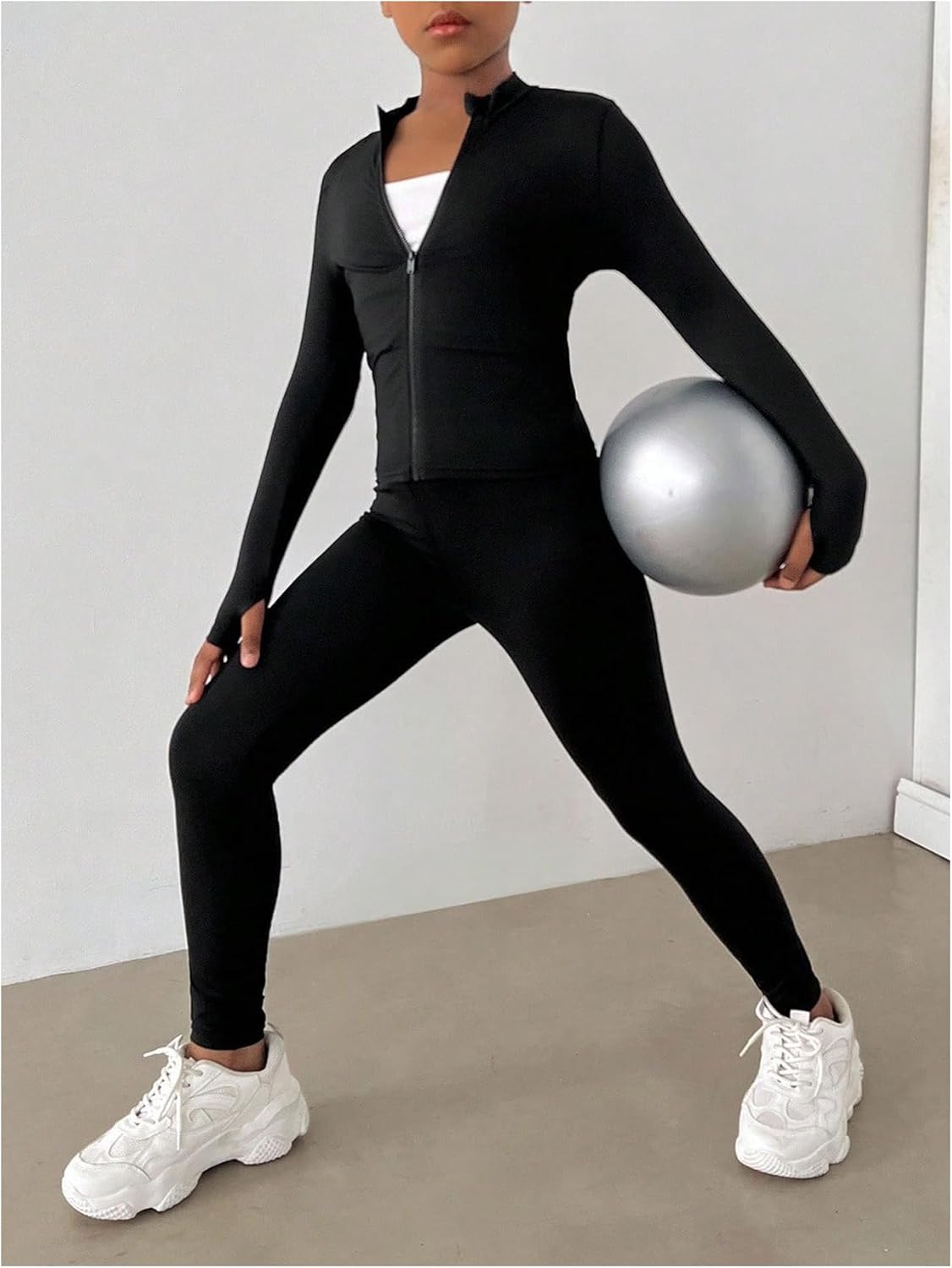 WDIRARA Girl's 2 Piece Outfit Long Sleeve Zip Up Top Yoga Leggings Set Athletic Tracksuit - Image 3