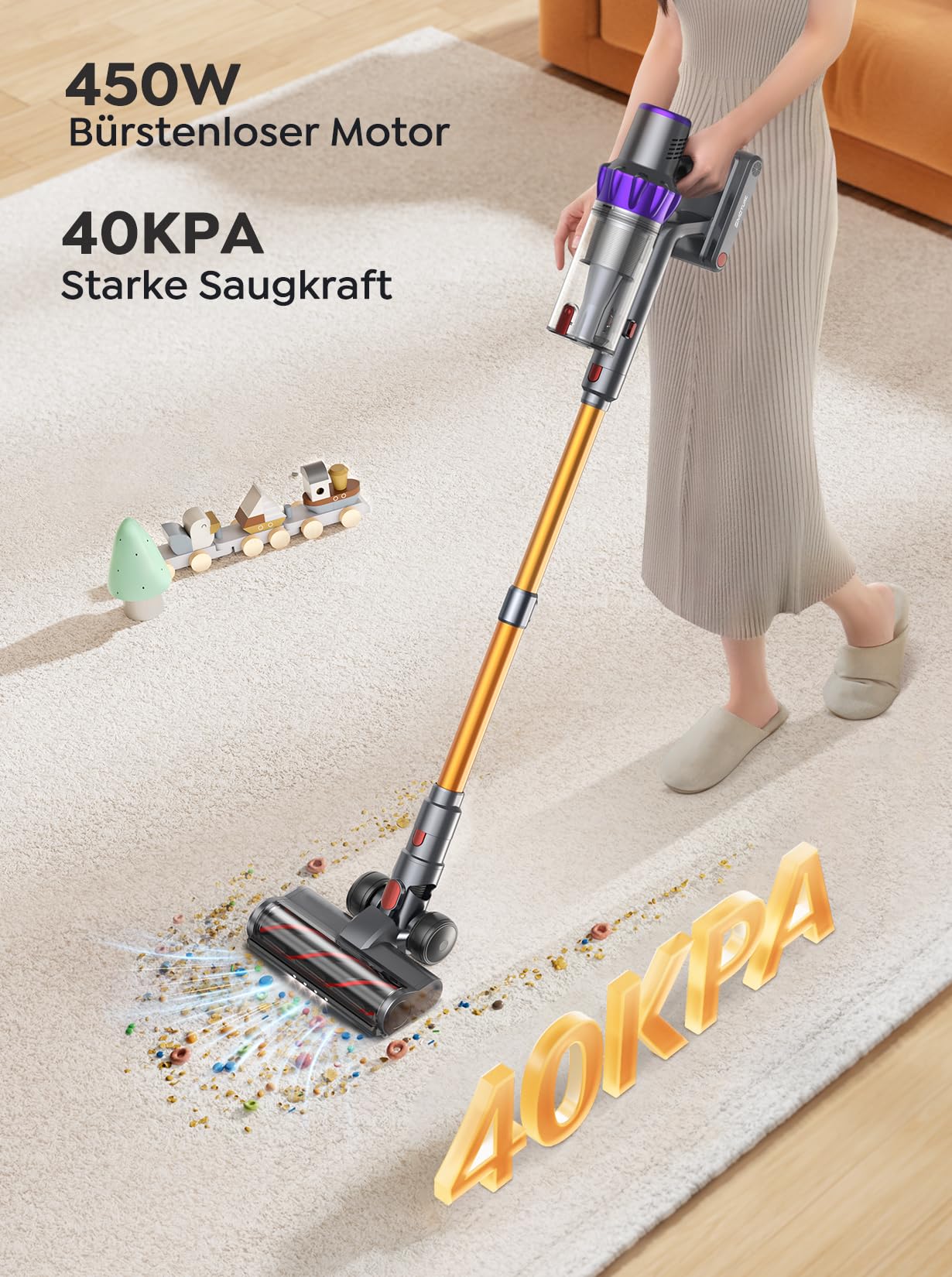 Aspiradora sin Cable 450W/40KPA, 55 Minutos de Autonomía, Aspirador Vertical, Modo Automático, Aspirador Escoba sin Cable Potente, Luz LED Cepillo, Pantalla Táctil LCD, Ideal para Suelos y Alfombras