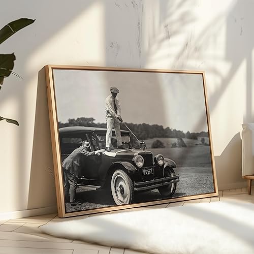 Miniatura 4 de Poster Master Póster vintage de golfista en la parte superior del auto antiguo, impresión deportiva retro, arte clásico para automóvil, arte de