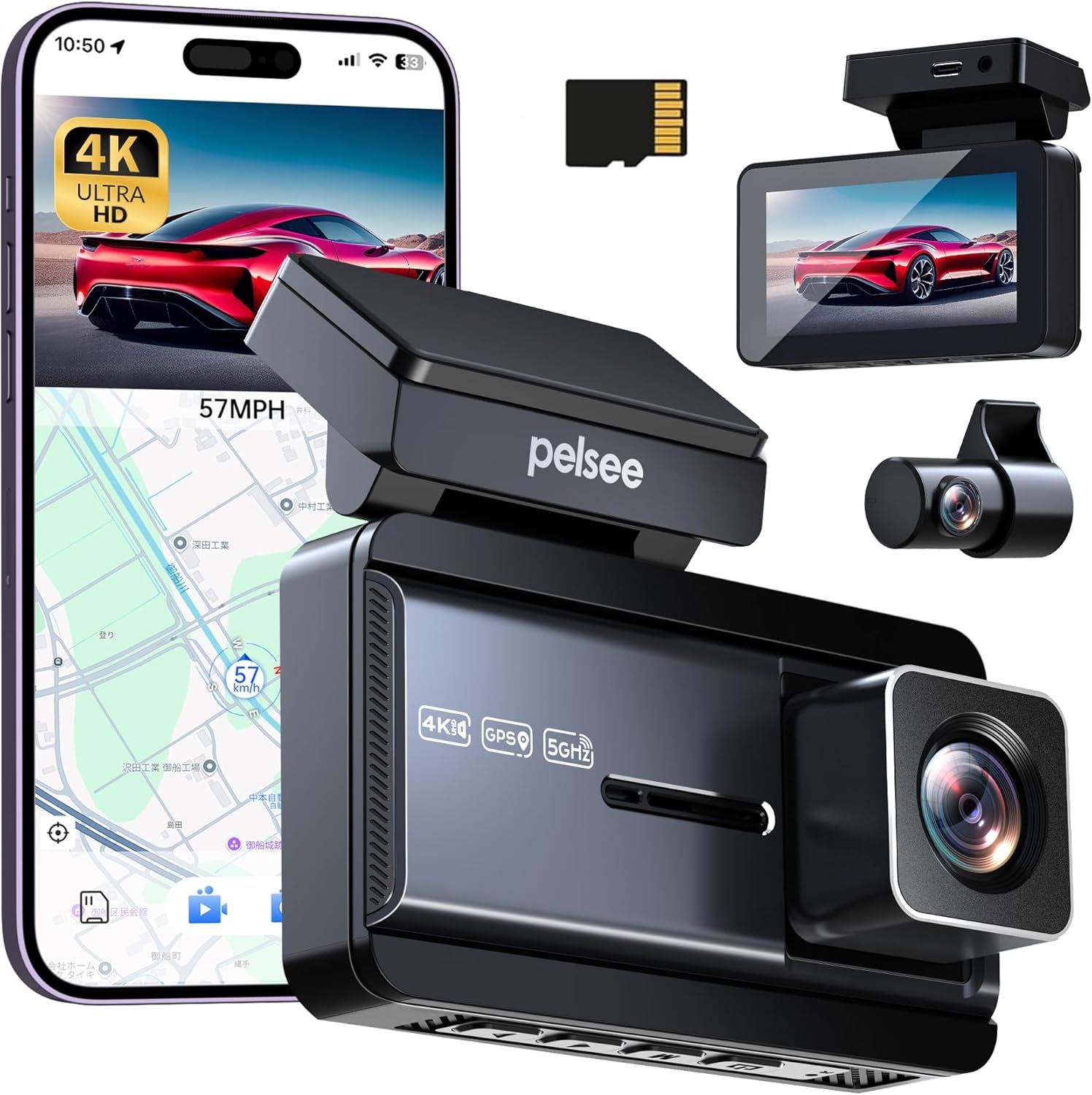 Pelsee ドライブレコーダー 前後カメラ 4K UHD 800万画素 GPS HDR 超鮮明夜間暗視 WIFI搭載 高感度センサー 超広角170° Ｇセンサー搭載 衝撃録画 タイムラプス録画 駐車監視機能 全国LED信号機対応 3インチ液晶画面 Type-C電源 64GBカード付属 ドラレコ Dash Cam Front and Rear