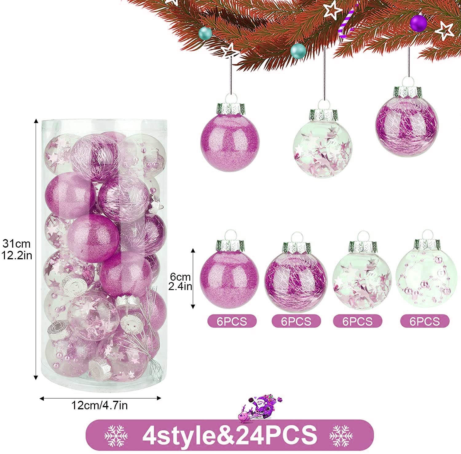 Weihnachtskugeln, 24Pcs 6CM Weihnachtskugel Kugeln Sortiert Anhänger Bruchsicheres Ornament Set Weihnachtsbaum Dekorationen Hängende Dekoration Partydekoration Anhänger (Rosa)