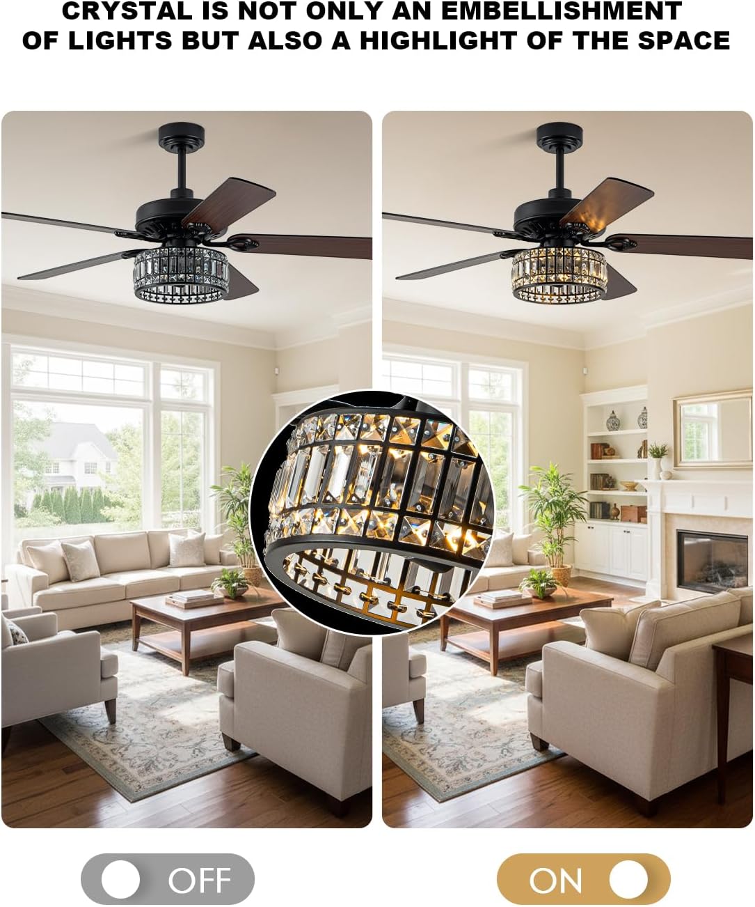 Bella Depot 52" Crystal Fandelier Ceiling Fan with Lights, Black Low Profile Modern Ceiling Fan, Quiet Reversible DC Motor, 6-Speed Remote Control for Living Room Bedroom Dining Room