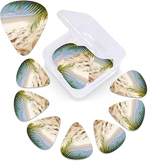 Sand Beach Palm Tree Print Guitar Picks 12 Pack Guitar Plectrums with Storage Box Bass Picks For Acoustic Guitar Bass Electric Ukulele Includes 0.46mm, 0.71mm, 0.96mm