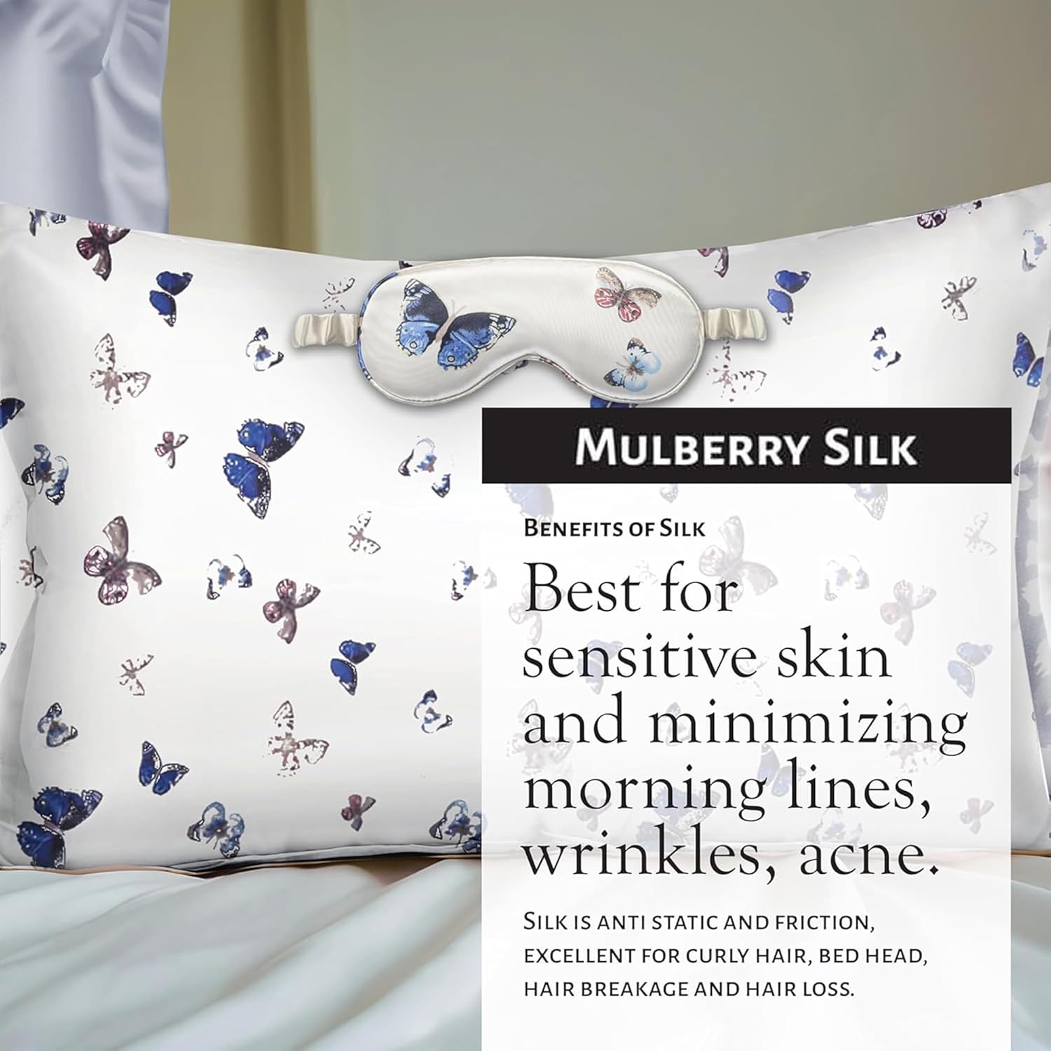 Mulberry Silk Pillowcase Gift Set, Eye Mask, Pillowcase, and Scrunchie for Gentle Sleep Reducing Breakage, Tangles, Creases, and Wrinkles - Queen Size - Butterflies