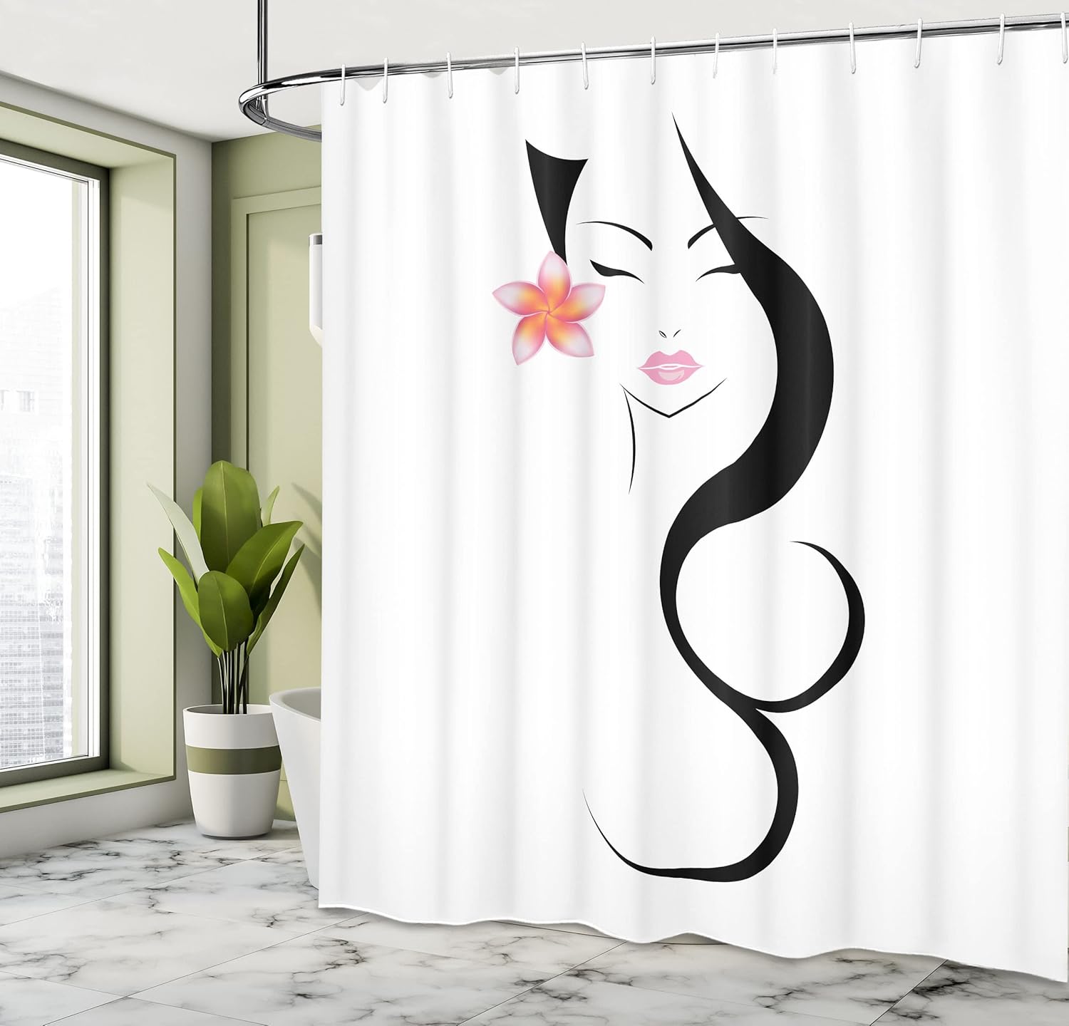 Ambesonne Hair Salon Shower Curtain, Traditional Beauty with Lotus Flower Pinned on Long Hair, Cloth Fabric Bathroom Decor Set with Hooks, 69" W x 84" L, Pale Pink Black