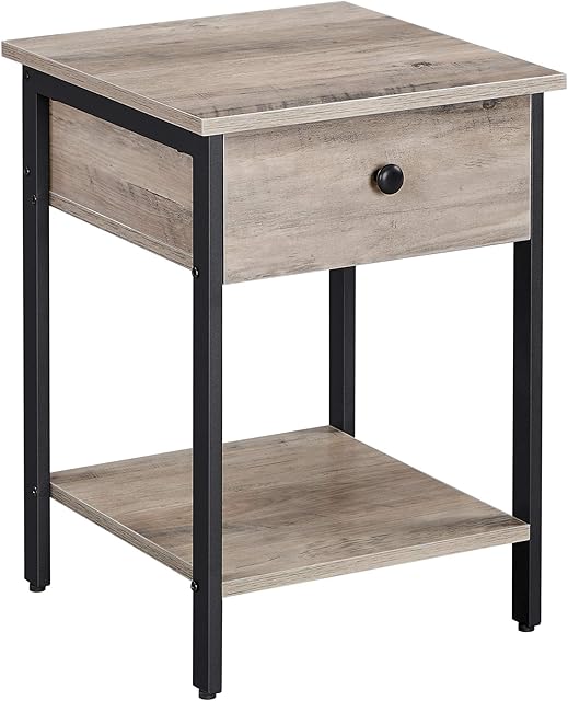 VASAGLE Nightstand, Bedside Table, Side Table with Drawer and Shelf, End Table, Bedroom, Living Room, Easy Assembly, Steel Frame, Industrial, Greige and Black LET055B02