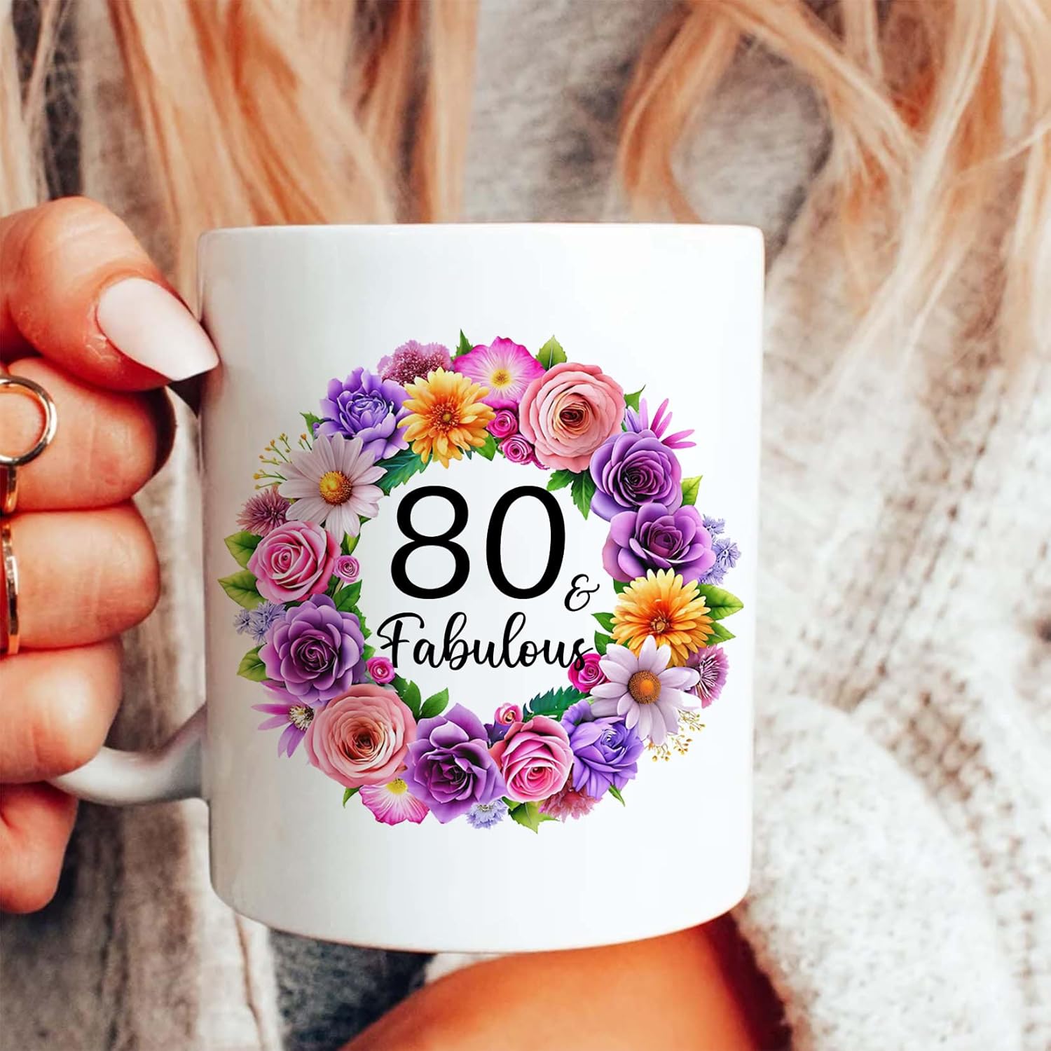 80th Birthday Gifts for Women, 80 and Fabulous Mug, 80 Year Old Birthday Gifts For Woman Mom Grandma Mother Wife Sister Nurse Aunt, 11 Oz Floral Coffee Cup (80th) - Image 6