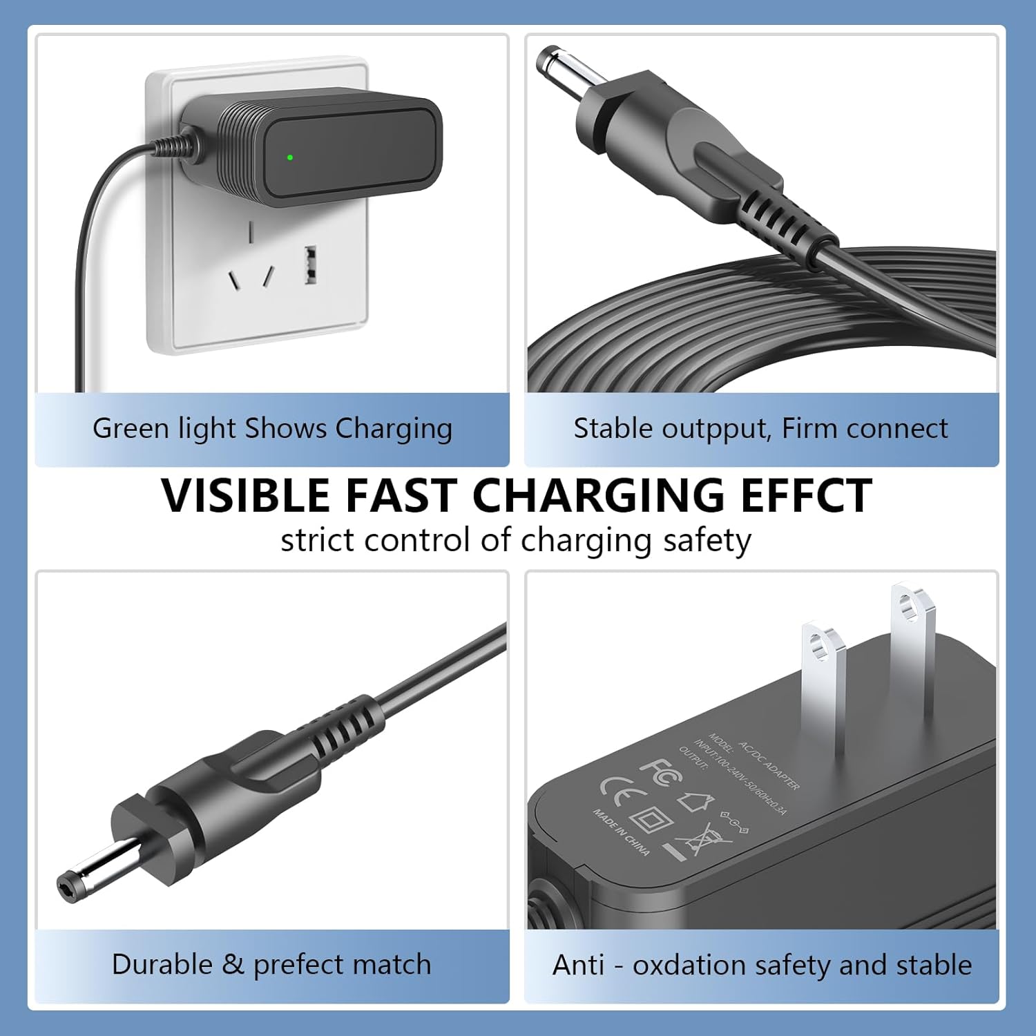 Four-panel image showing the charger's green indicator light, stable output connector, durable cable, and product details.