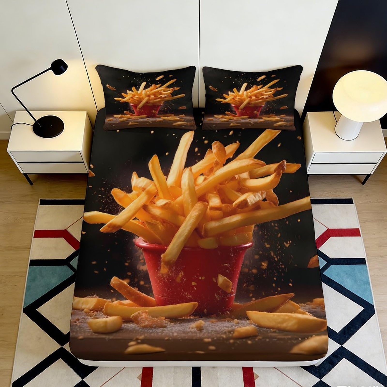 3D Printed French Fries Fitted Sheet Microfiber Soft Anti-Slip Snack Pattern Bed Cover for Bedroom Dorm Home Decor 90x200x25cm