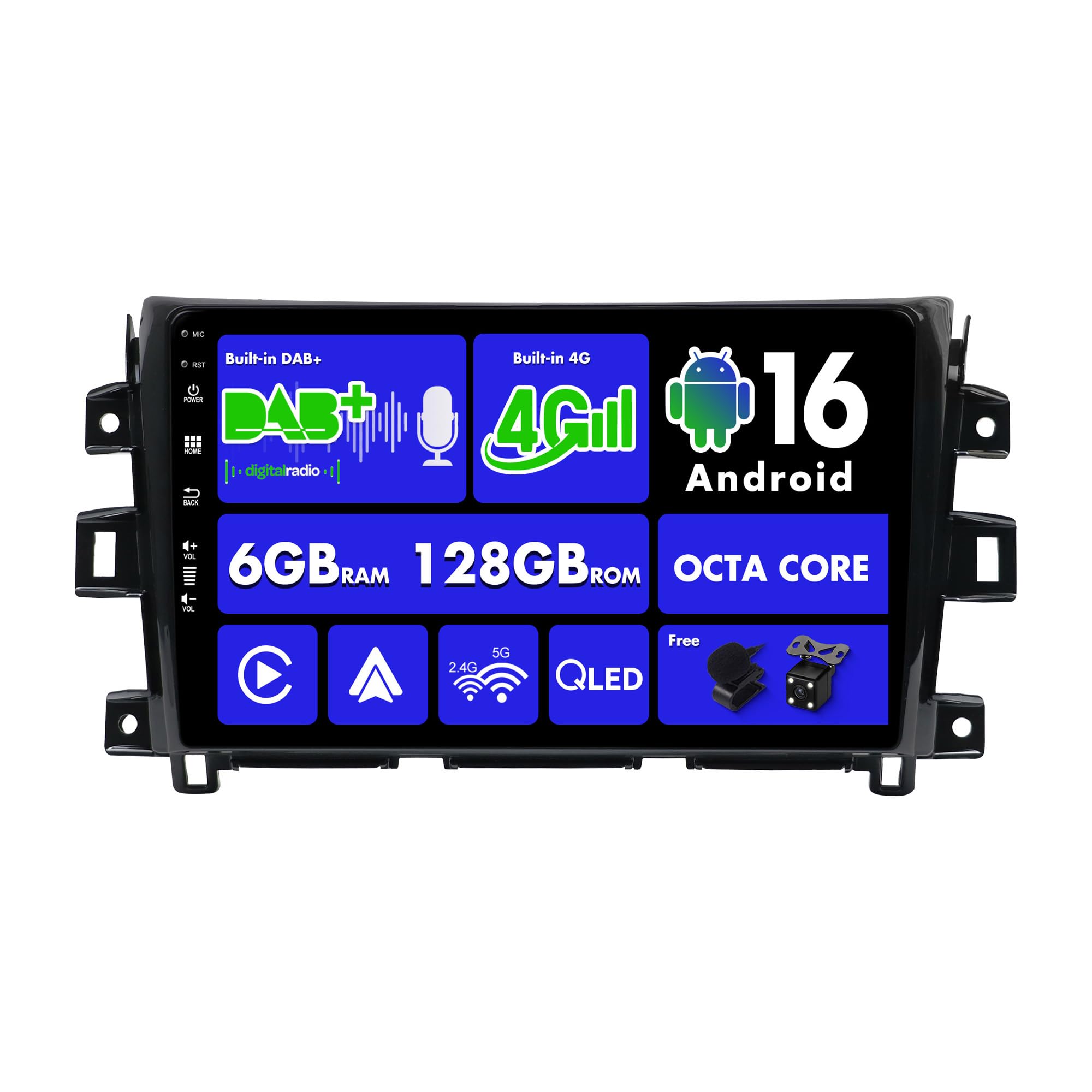 SXAUTO Android 15 - wbudowane radio samochodowe 4G LTE DAB - 6G + 128G - radio samochodowe do Nissan NAVARA NP300 (2016-2018) - Dual Band WiFi - CarPlay Android Auto - kamera + sterowanie mikrofonem