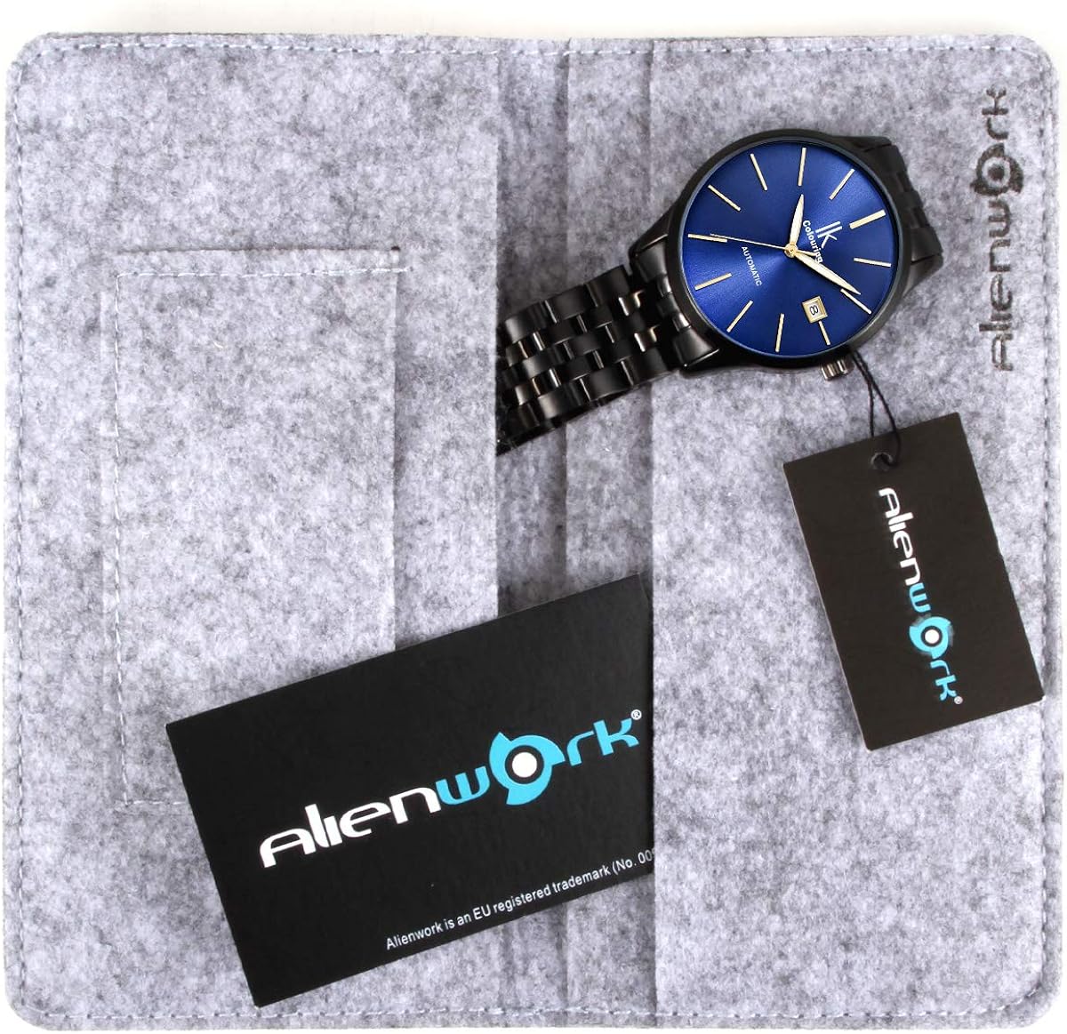Alienwork Horloge Heren Dames Zwart Metalen Armband Kalender Blauw Multifunctioneel
