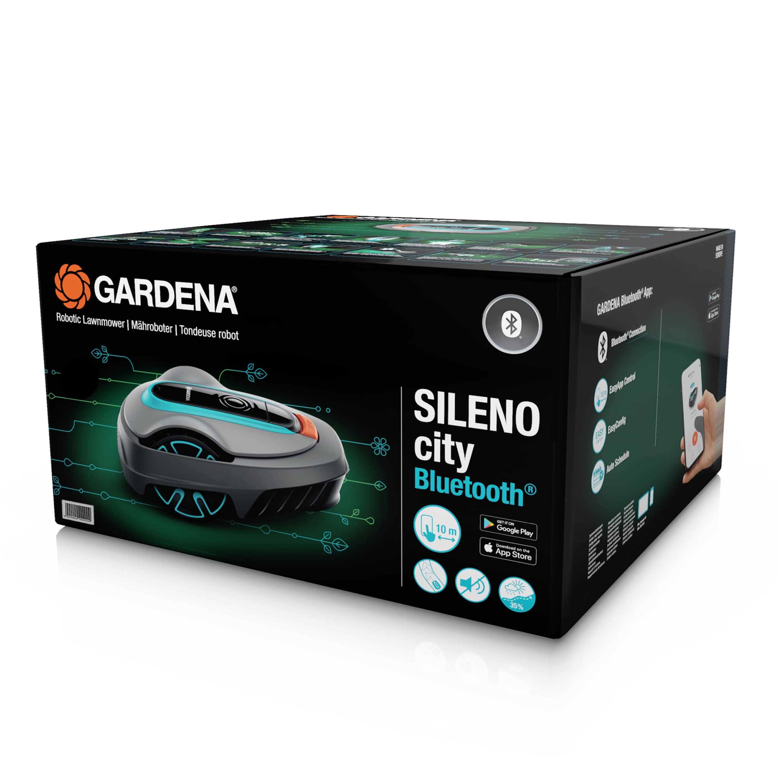 GARDENA SILENO city 250 | Tondeuse Robot jusqu'à 250m² - Tond sous la pluie et passages étroits, Bluetooth App, Capteur de Gel, Très silencieux, Automatique - (15001-26), FR/NL-Version