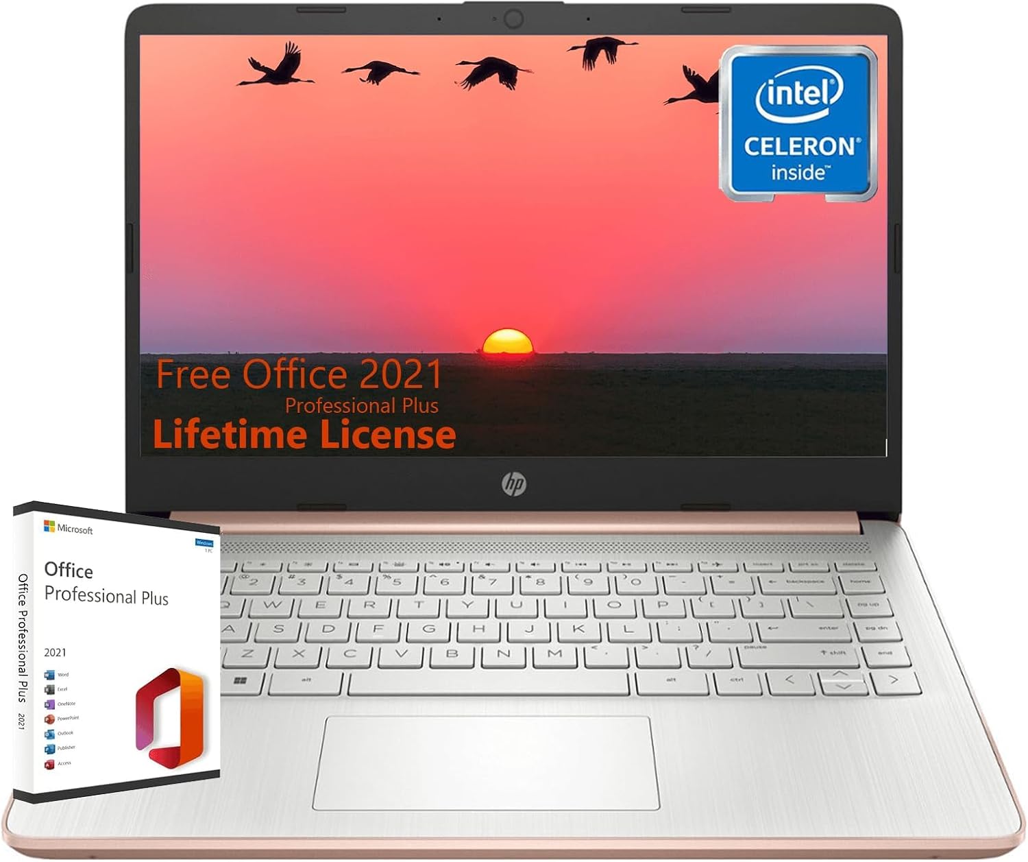 HP Thin Everyday Laptop Computer - Office Lifetime Lisence, Intel Quad-Core CPU, 14" Anti-Glare HD Display, Webcam, 16GB RAM, 64G eMMC, with 256GB External Storage