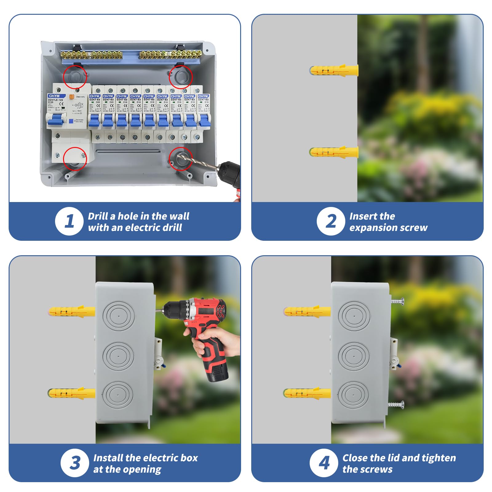 Caja de fusibles empotrada, Caja de distribución con interruptor diferencial, Caja de distribución eléctrica IP65 para caravanas/garajes/talleres/villas, interruptor automático 125 A, 7x16 A + 2x20 A