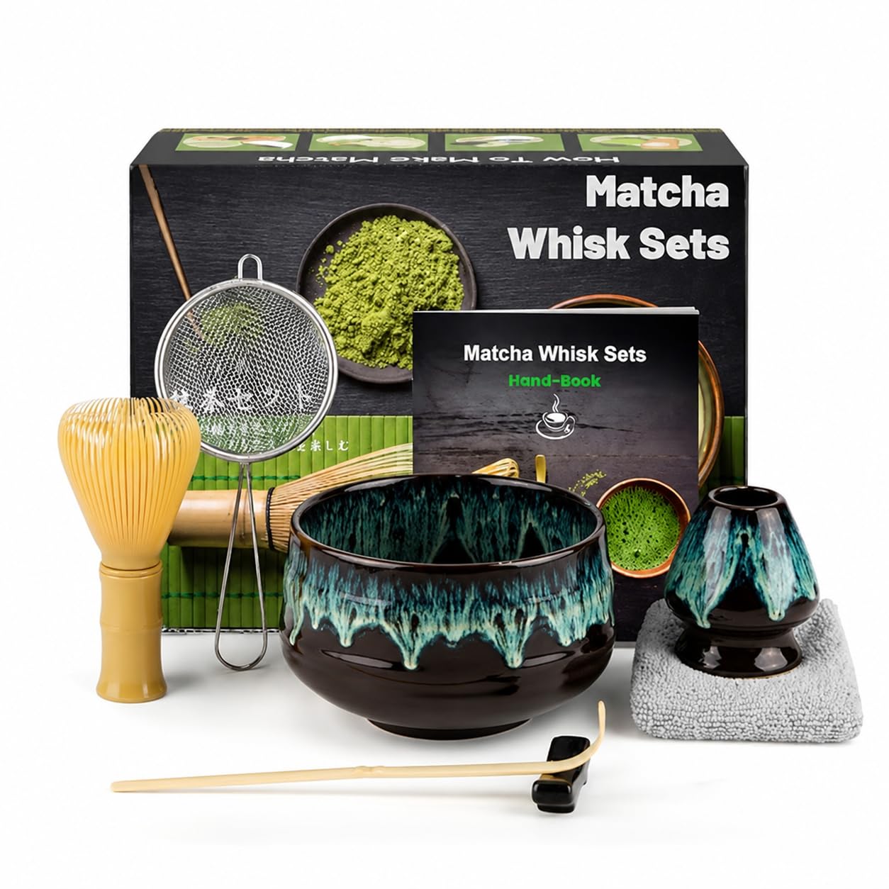 Muexoee 7 Pcs Matcha Set,Matcha Tea for Making Breakfast/Latte,Whisk Set and Bowl with All Accessories,Authentic Tea Ceremony,Sandy Gold kiln-Changed Bowl, Stirrer Yellow — image 1