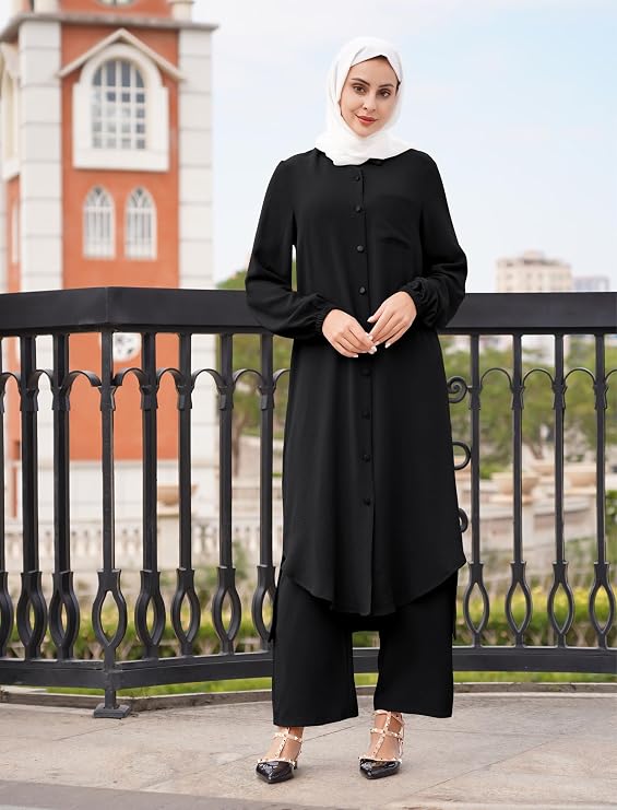 Abaya for Women Muslim Two Piece Set Long Sleeve Shirt Dress+ Pants Dubai Arabic Clothes Casual Spring Fall Outfit
