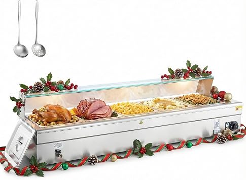 5-Pan Commercial Food Warmer with Sneeze Guard, Five 1/2 Pans, 1500W Countertop Electric Steam Table, 86-185F Adjustable Temp Control, Stainless Steel Buffet Bain Marie