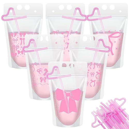24 Sets Pink Bow Drink Pouch with Straws Coquette Cute