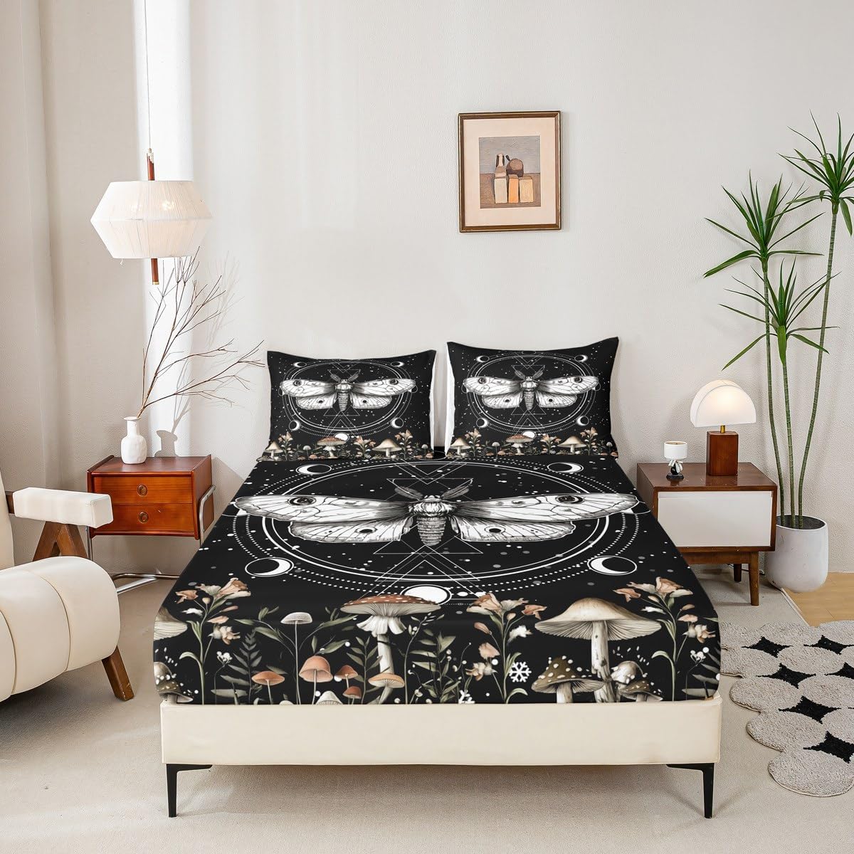 Bohemia Moth Fitted Sheet Full Size Exotic Constellation Bedding Set for Kids Boys Girls Teens Mushroom Botanical Leaves Bed Sheet Set Butterfly Animal Bed Cover Room Decor,No Top Sheet