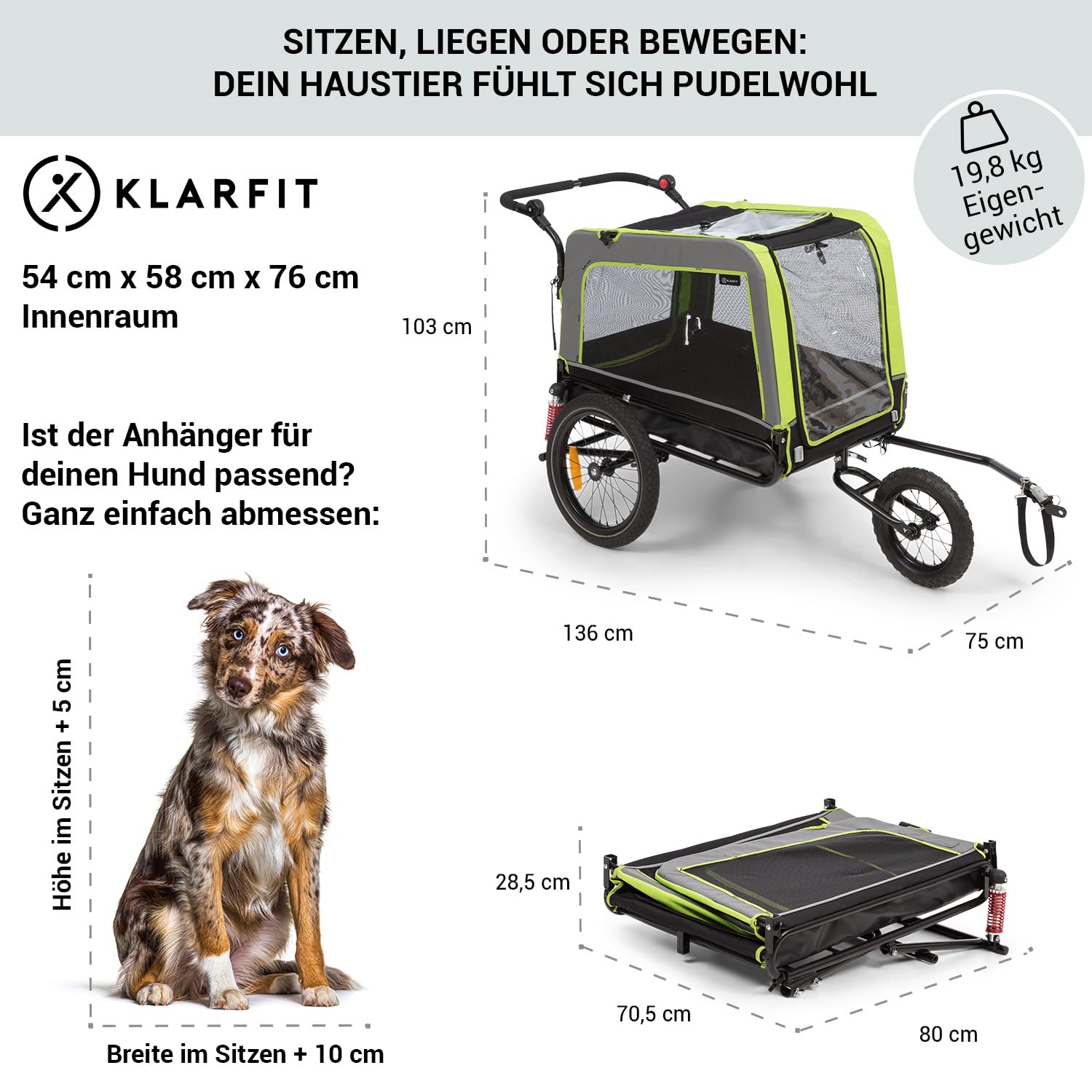 Klarfit Fahrradanhänger für Hunde, 2-in-1 Hunde Fahrradanhänger & Hundebuggy, Hunde-Fahrradanhänger Klappbar, Fahrradanhänger Hund, Hundeanhänger Gefedert mit Reflektoren & Leine, für Hunde bis 40kg