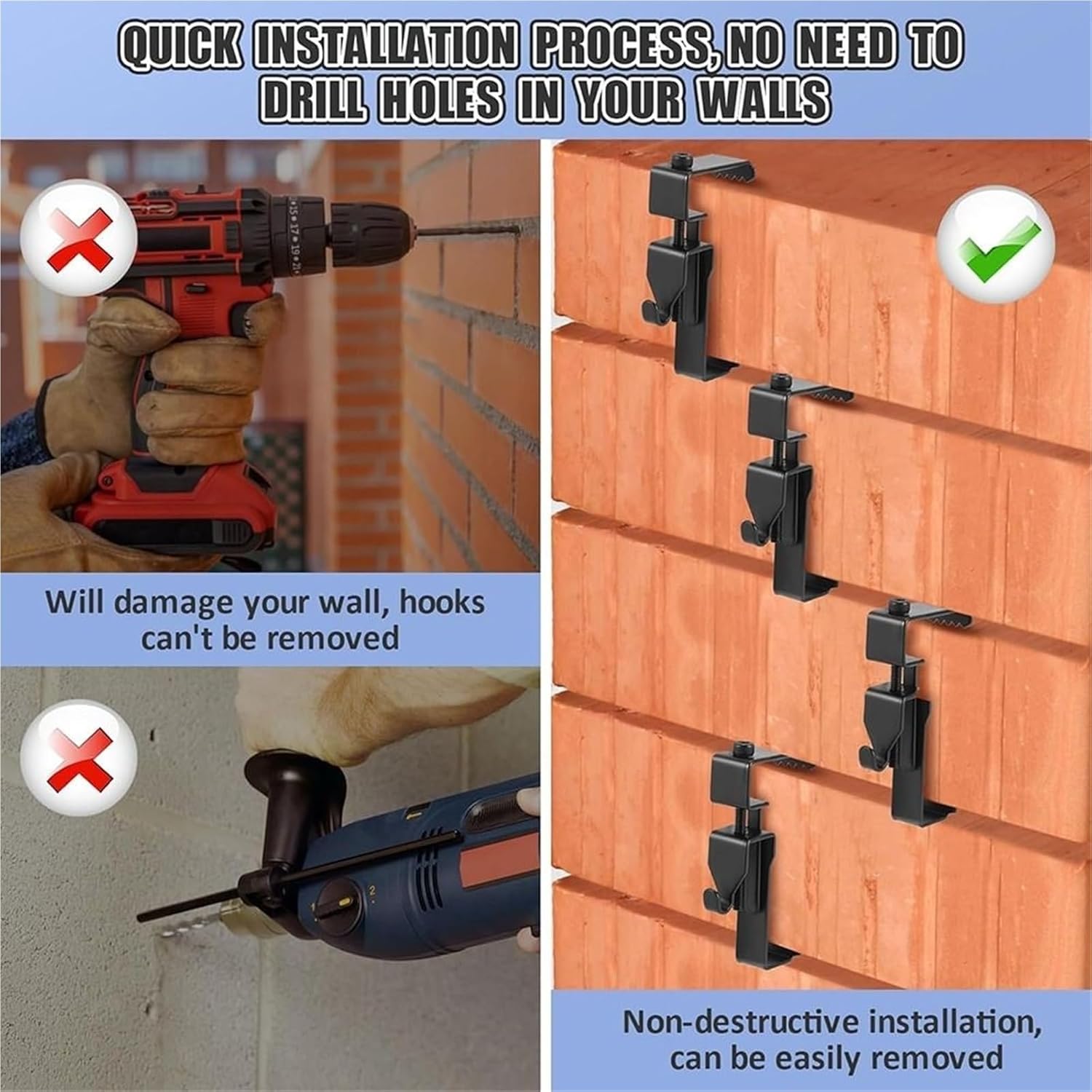 Brick Clips for Hanging Outdoors 5pcs Accessories Stainless Steel Brick Hook Clips Heavy Duty Adjustable Wall No Drill Universal Hooks Clamp