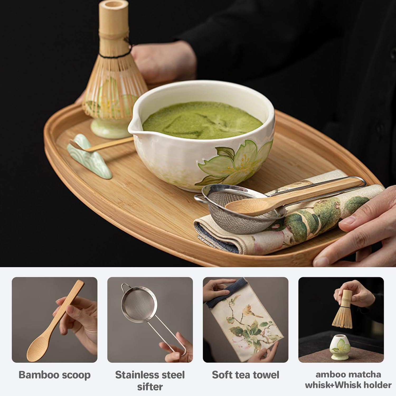 Hand-Painted Matcha Whisk Set, 8-Piece 3D Art Ceremony Kit with Unique Bowl, Bamboo Whisk, Sifter & Scoop for Exquisite Japanese Tea Making (Flower Pattern 2)