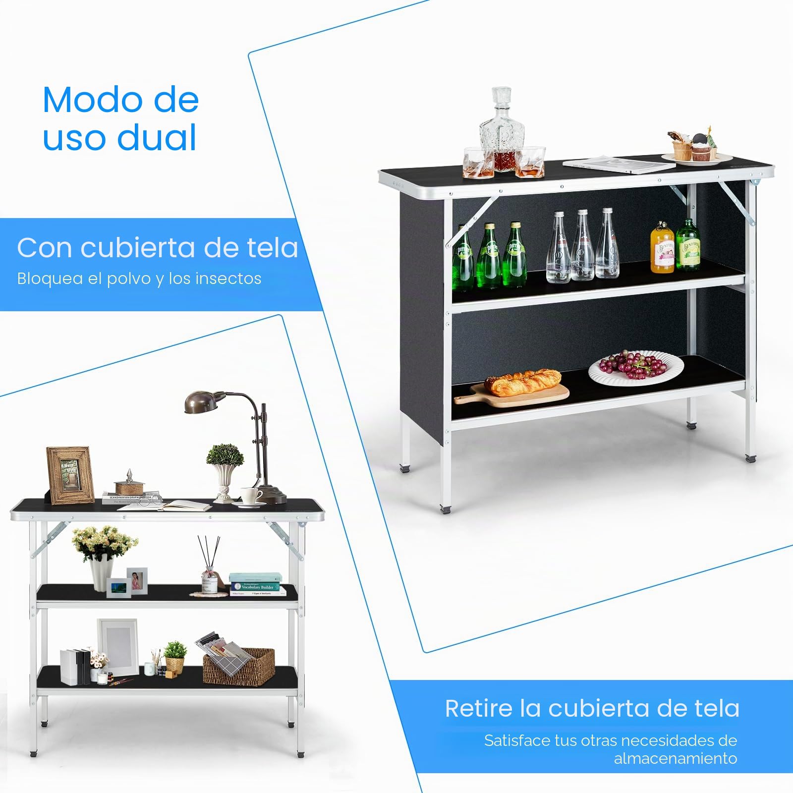 KOMFOTTEU Mesa de Camping Plegable, Mesa de Picnic de Tela con Marco de Aluminio, Armario de Almacenamiento de 3 Niveles con Bolsa de Transporte, Mesa para Barbacoa, Fiesta (Negro, 110 x 38 x 88 cm)