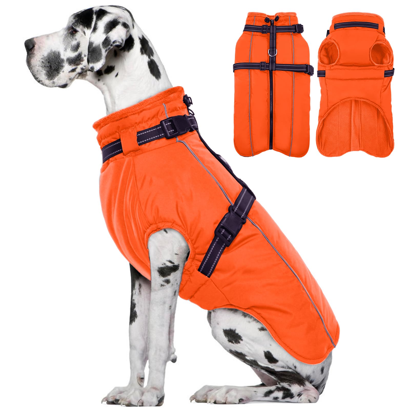 Lelepet Hundemantel für den Winter, Warme Hundejacke mit integriertem Geschirr, Winddicht Mantel mit Fleece Gefüttert für Hunde, Reflektierende Hundeweste für Kaltes Wetter, Orange 3XL