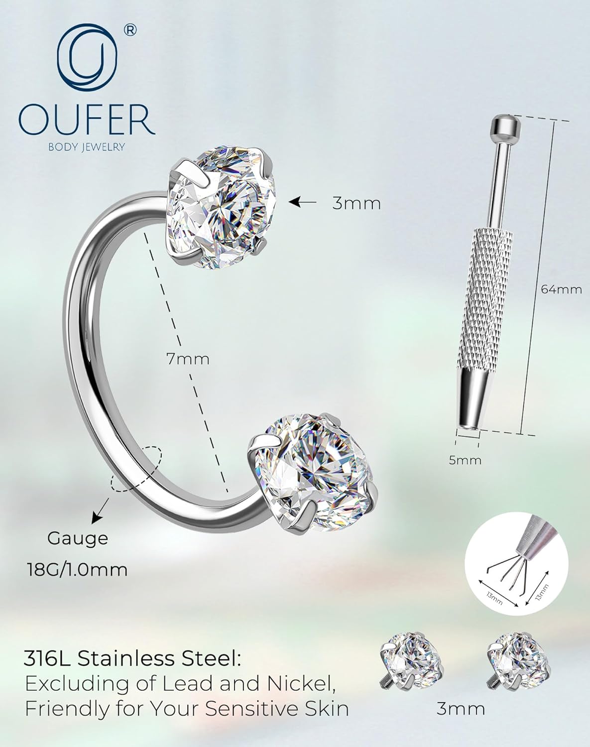 OUFER Horseshoe Nose Rings Studs, 316L Surgical Steel Double Shiny Clear CZ Nose Rings For Women, 18G 7MM Internally Threaded Cartilage Earrings, Lip Eyebrow Helix Ear Piercing Jewelry - Image 8