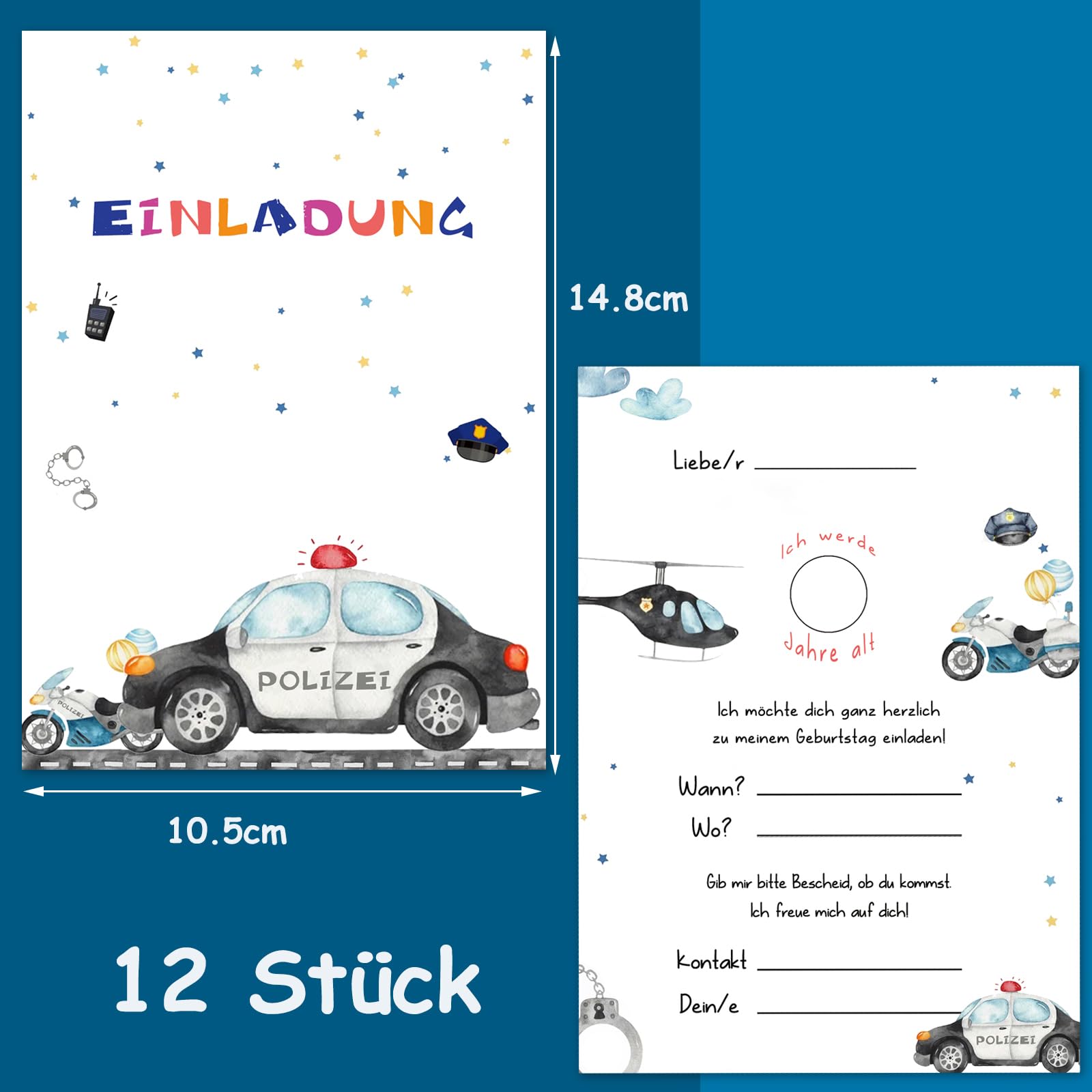 12 Inviti Per Festa Di Compleanno Bimbo - Tema Polizia E Detective Con Buste Autoadesive