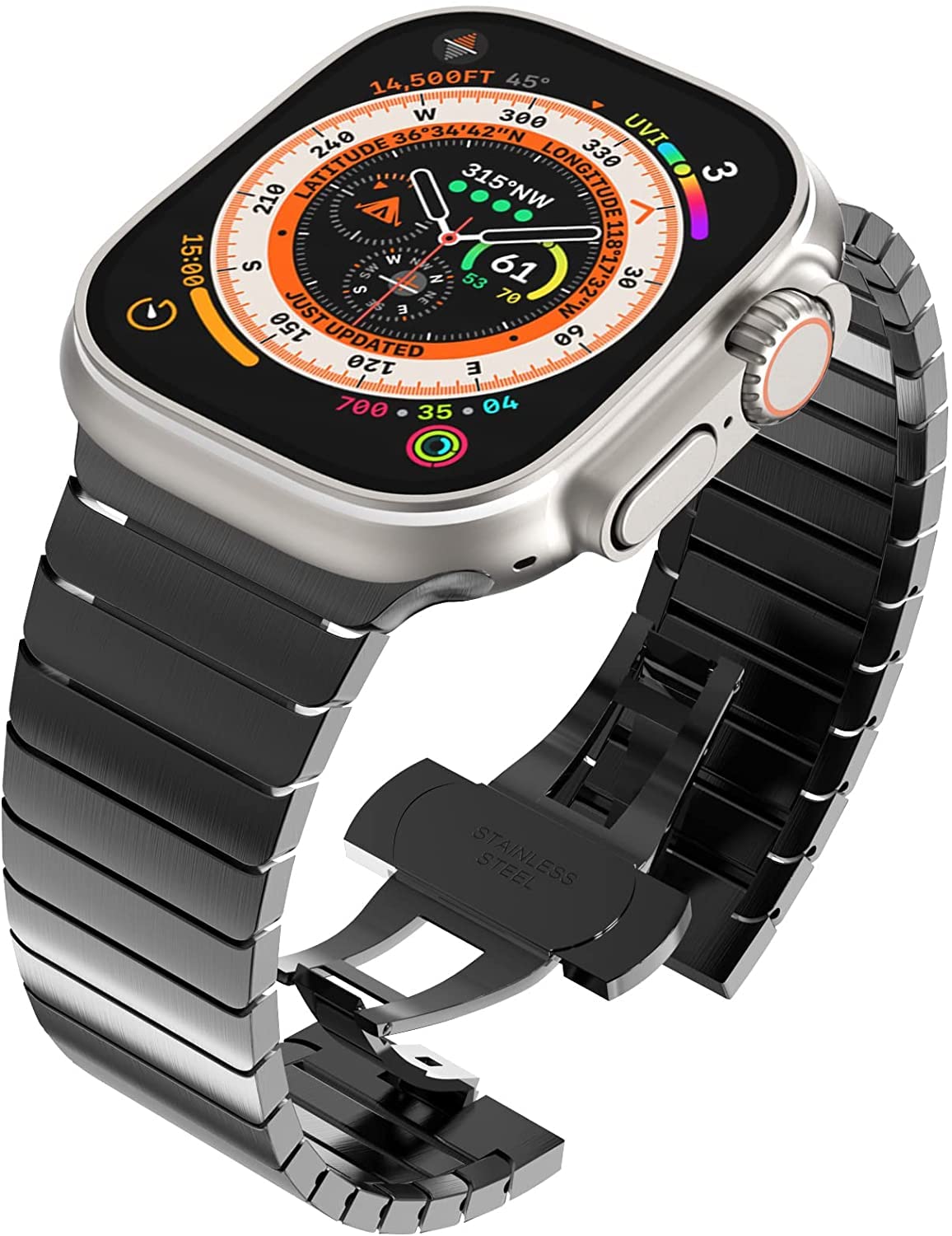 Blast Inn Smart-Watch Link Butterfly Steel Bracelet Strap For Apple Watch 49mm 45mm 44mm 42mm, Stainless Steel Replacement Adjustable Strap Wristband Compatible with iWatch Series Ultra 8 7 6 5 4 3 SE (Black) [WATCH NOT INCLUDED]