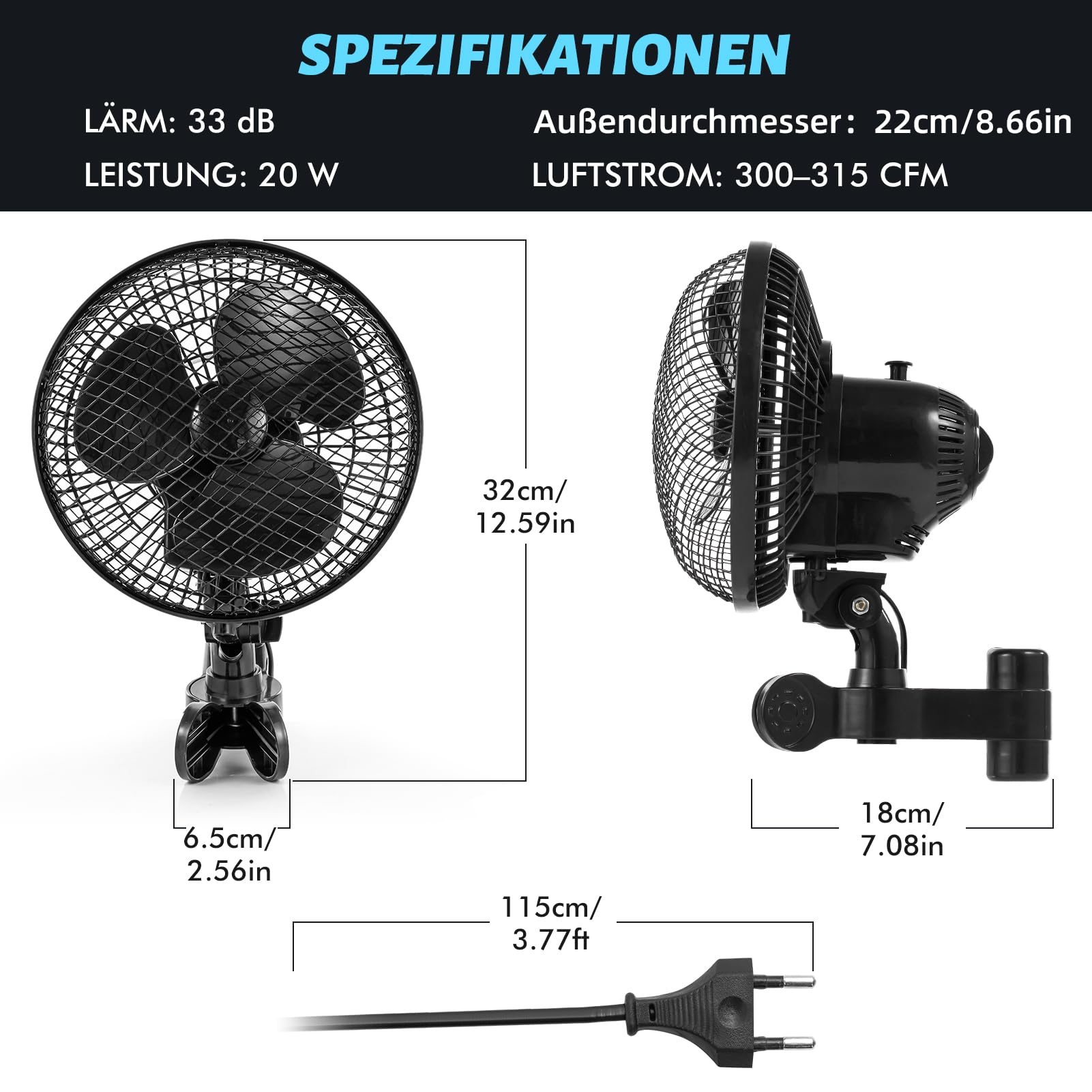 Grow Ventilatore con clip da 20 W, oscillante per tenda a clip, 2 velocità, ventilatore oscillante, morsetto mini ventilatore per tenda da grow (1 pezzi)